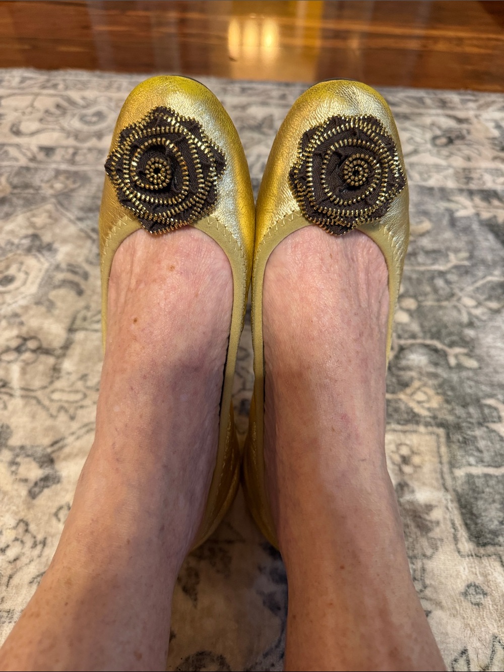 lindsay phillips Metallic Gold Ballet Flats with Brown Rosette